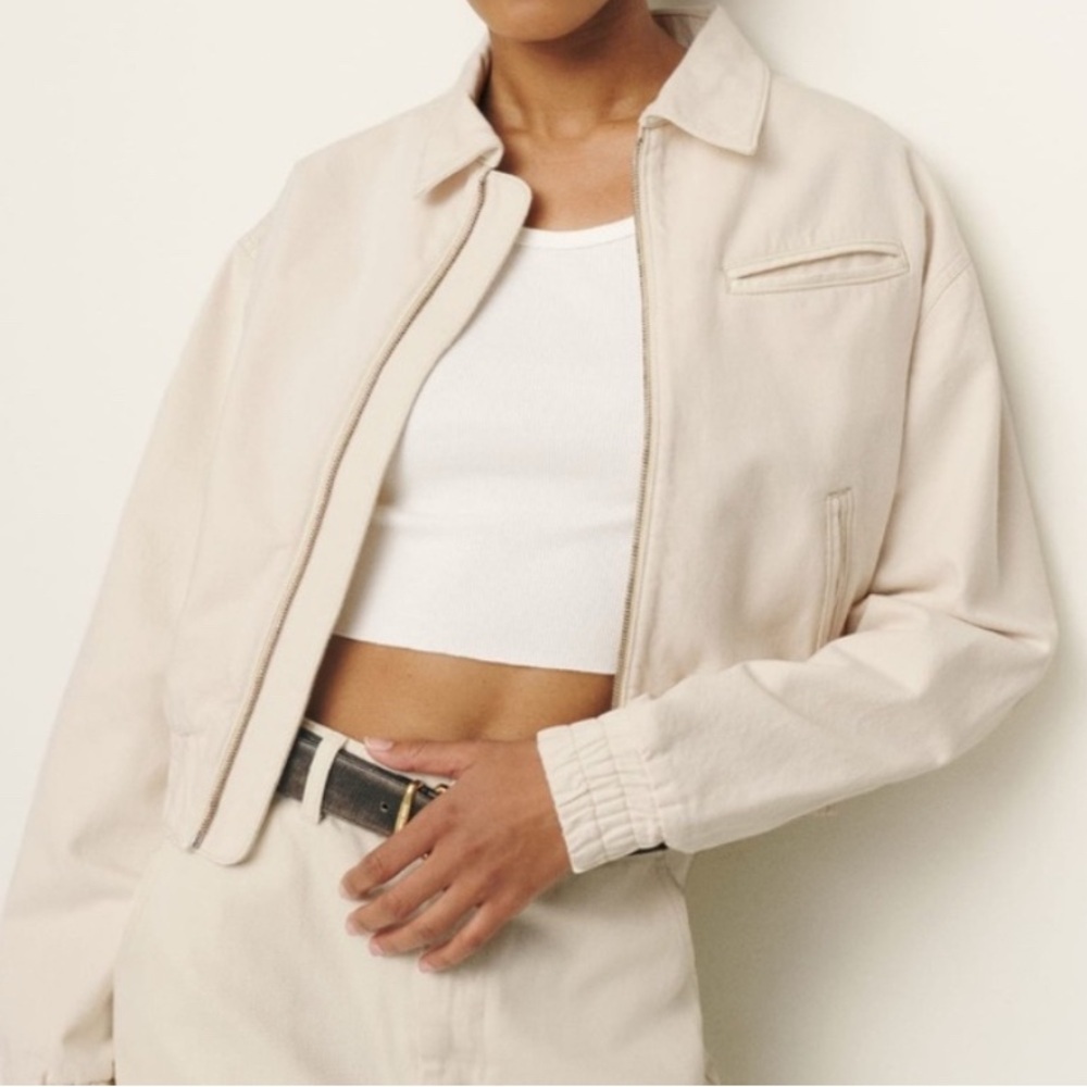 REFORMATION KINSLEY crop bomber jean jacket